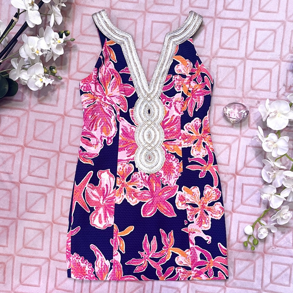 ✨💖✨ Lilly Pulitzer Floral Navy Gold Metallic Sleeveless Valli Shift Dress ✨💖✨